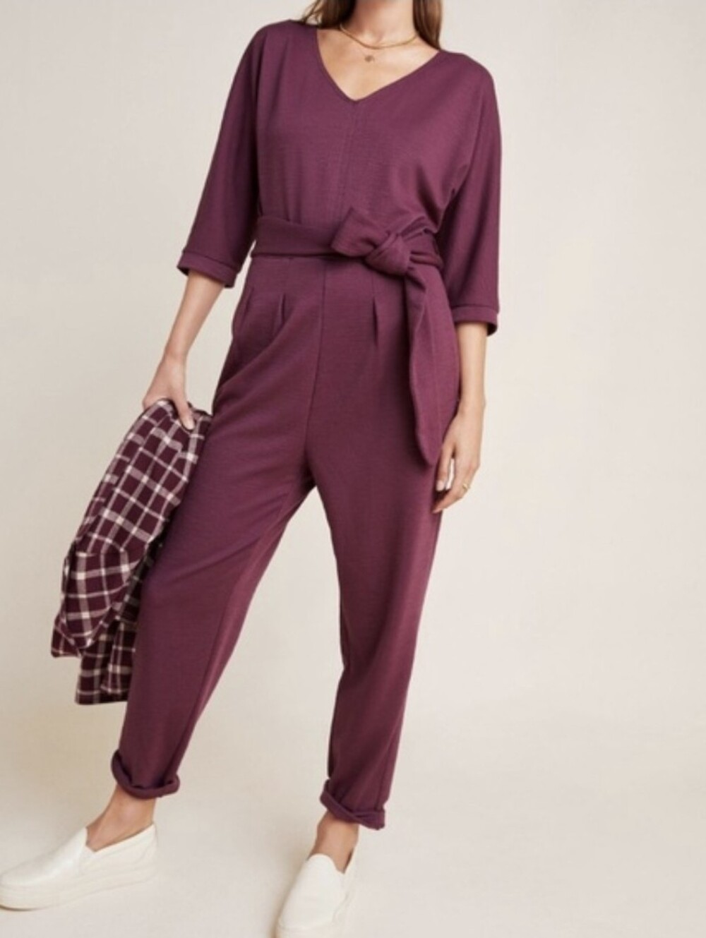 Anthropologie Sutton Plum Jumpsuit with Waist Tie XS